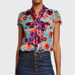 ALICE + OLIVIA Jeannie Colorblock Floral Top In Poppy Garden Blue Size Large